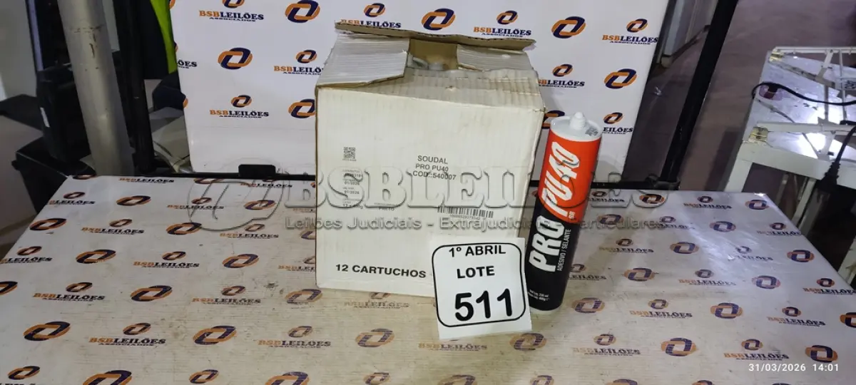 LOTE 511 - 01 CAIXA COM 12 PU 40 ADESIVO/SELANTES DE 230ML MARCA PRO. (NO ESTADO) ATENÇÃO! FAZER A VISITAÇÃO ANTES DE ARREMATAR, NÃO SABEMOS SE FUNCIONA, LEILÃO NÃO TEM GARANTIA E NEM DEVOLUÇÃO, SUJEITO A POSSÍVEIS AVARIAS VISÍVEIS/OCULTAS E/OU AUSÊNCIA DE COMPONENTES.