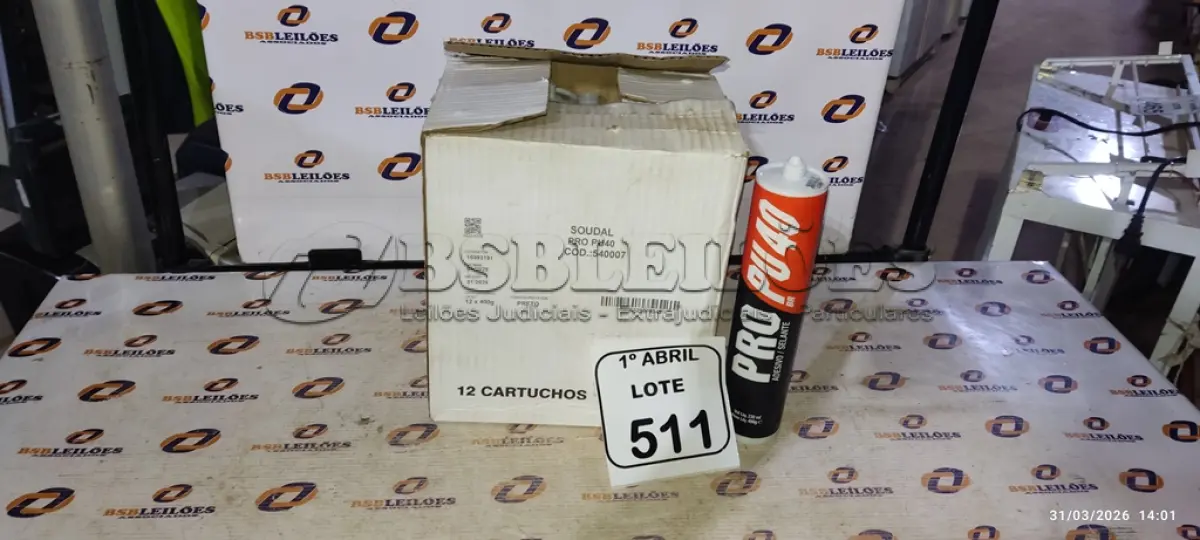 LOTE 511 - 01 CAIXA COM 12 PU 40 ADESIVO/SELANTES DE 230ML MARCA PRO. (NO ESTADO) ATENÇÃO! FAZER A VISITAÇÃO ANTES DE ARREMATAR, NÃO SABEMOS SE FUNCIONA, LEILÃO NÃO TEM GARANTIA E NEM DEVOLUÇÃO, SUJEITO A POSSÍVEIS AVARIAS VISÍVEIS/OCULTAS E/OU AUSÊNCIA DE COMPONENTES.