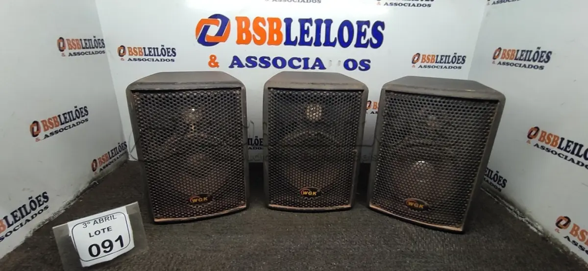 LOTE 091 - 03 CAIXAS DE SOM ALTO FALANTES MARCA WGK. (NO ESTADO) ATENÇÃO! FAZER A VISITAÇÃO ANTES DE ARREMATAR, NÃO SABEMOS SE FUNCIONA, LEILÃO NÃO TEM GARANTIA E NEM DEVOLUÇÃO, SUJEITO A POSSÍVEIS AVARIAS VISÍVEIS/OCULTAS E/OU AUSÊNCIA DE COMPONENTES.