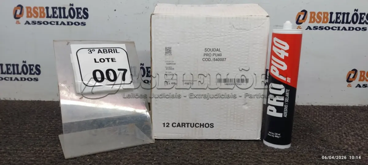 LOTE 007 - 01 CAIXA COM 12 PU 40 ADESIVOS/SELANTES DE 230ML MARCA PRO. (NO ESTADO) ATENÇÃO! FAZER A VISITAÇÃO ANTES DE ARREMATAR, NÃO SABEMOS SE FUNCIONA, LEILÃO NÃO TEM GARANTIA E NEM DEVOLUÇÃO, SUJEITO A POSSÍVEIS AVARIAS VISÍVEIS/OCULTAS E/OU AUSÊNCIA DE COMPONENTES.
