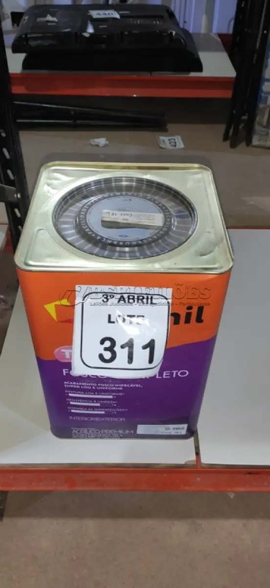 LOTE 311 - 01 BALDE DE TINTA ACRÍLICA INTERIOR DE 18L NA COR FOSCO BRANCO NEVE MARCA SUVINIL. (NO ESTADO) ATENÇÃO! FAZER A VISITAÇÃO ANTES DE ARREMATAR, NÃO SABEMOS SE FUNCIONA. LEILÃO NÃO TEM GARANTIA E NEM DEVOLUÇÃO, SUJEITO A POSSÍVEIS AVARIAS VISÍVEIS/OCULTAS E/OU AUSÊNCIA DE COMPONENTES.