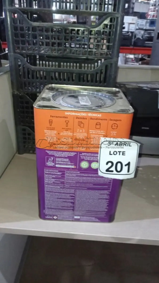 LOTE 201 - 01 BALDE DE TINTA ACRÍLICA DE 18L ACABAMENTO FOSCO BRANCO NEVE MARCA SUVINIL. (NO ESTADO) ATENÇÃO! FAZER A VISITAÇÃO ANTES DE ARREMATAR, NÃO SABEMOS SE FUNCIONA. LEILÃO NÃO TEM GARANTIA E NEM DEVOLUÇÃO, SUJEITO A POSSÍVEIS AVARIAS VISÍVEIS/OCULTAS E/OU AUSÊNCIA DE COMPONENTES.