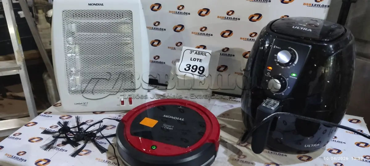 LOTE 399 - 01 AQUECEDOR MONDIAL E 01 AIR FRYER E 01 ASPIRADOR ROBÕ. (NO ESTADO) ATENÇÃO! FAZER A VISITAÇÃO ANTES DE ARREMATAR, NÃO SABEMOS SE FUNCIONA, LEILÃO NÃO TEM GARANTIA E NEM DEVOLUÇÃO, SUJEITO A POSSÍVEIS AVARIAS VISÍVEIS/OCULTAS E/OU AUSÊNCIA DE COMPONENTES.