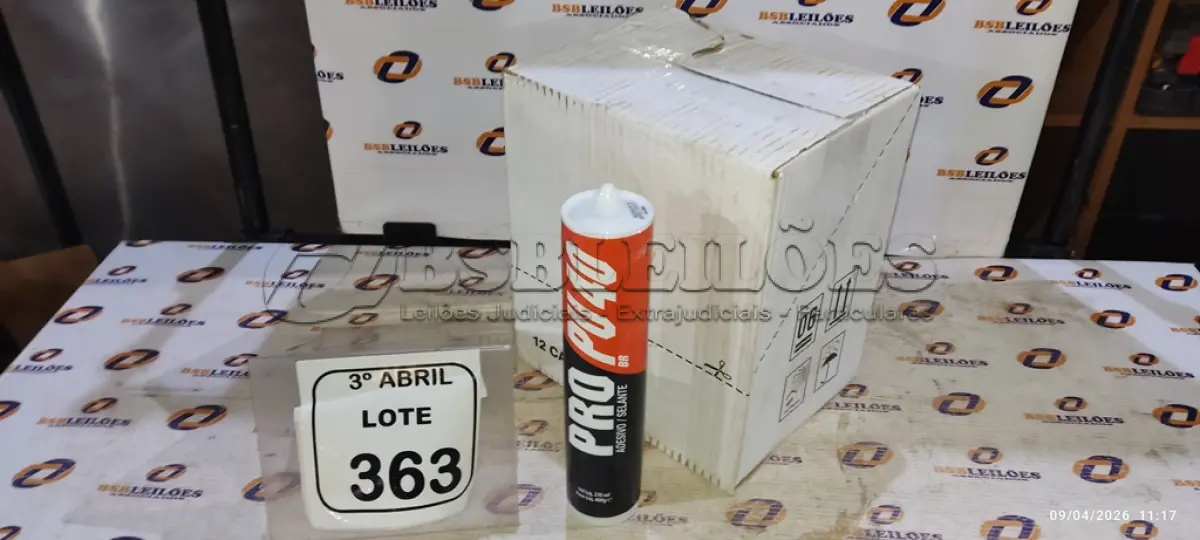 LOTE 363 - 01 CAIXA COM 12 PU 40 ADESIVO/SELANTES DE 230ML MARCA PRO. (NO ESTADO) ATENÇÃO! FAZER A VISITAÇÃO ANTES DE ARREMATAR, NÃO SABEMOS SE FUNCIONA, LEILÃO NÃO TEM GARANTIA E NEM DEVOLUÇÃO, SUJEITO A POSSÍVEIS AVARIAS VISÍVEIS/OCULTAS E/OU AUSÊNCIA DE COMPONENTES.