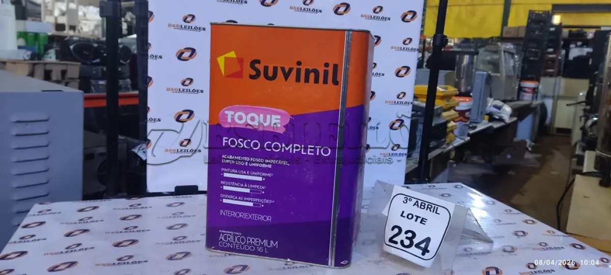 LOTE 234 - 01 BALDE DE TINTA ACRÍLICA INTERIOR DE 18L NA COR FOSCO CALOPSITA MARCA SUVINIL. (NO ESTADO) ATENÇÃO! FAZER A VISITAÇÃO ANTES DE ARREMATAR, NÃO SABEMOS SE FUNCIONA. LEILÃO NÃO TEM GARANTIA E NEM DEVOLUÇÃO, SUJEITO A POSSÍVEIS AVARIAS VISÍVEIS/OCULTAS E/OU AUSÊNCIA DE COMPONENTES.