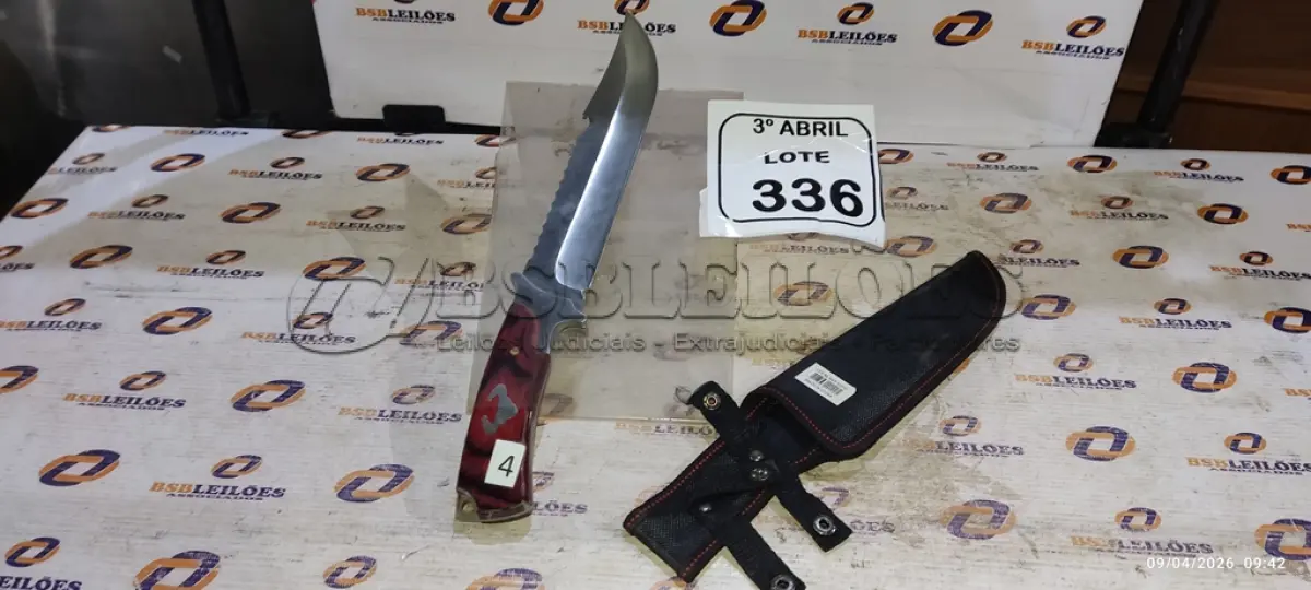 LOTE 336 - 01 FACA EM AÇO INOX 36CM CABO MADEIRA  COM BAINHA DE NYLOM. (NO ESTADO) ATENÇÃO! FAZER A VISITAÇÃO ANTES DE ARREMATAR, NÃO SABEMOS SE FUNCIONA, LEILÃO NÃO TEM GARANTIA E NEM DEVOLUÇÃO, SUJEITO A POSSÍVEIS AVARIAS VISÍVEIS/OCULTAS E/OU AUSÊNCIA DE COMPONENTES.