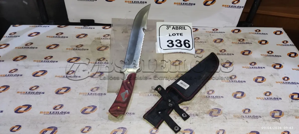 LOTE 336 - 01 FACA EM AÇO INOX 36CM CABO MADEIRA  COM BAINHA DE NYLOM. (NO ESTADO) ATENÇÃO! FAZER A VISITAÇÃO ANTES DE ARREMATAR, NÃO SABEMOS SE FUNCIONA, LEILÃO NÃO TEM GARANTIA E NEM DEVOLUÇÃO, SUJEITO A POSSÍVEIS AVARIAS VISÍVEIS/OCULTAS E/OU AUSÊNCIA DE COMPONENTES.