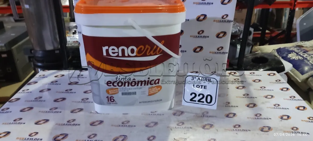 LOTE 220 - 01 BALDE DE TINTA 16L MARCA RENOCRIL. (NO ESTADO) ATENÇÃO! FAZER A VISITAÇÃO ANTES DE ARREMATAR, NÃO SABEMOS SE FUNCIONA, LEILÃO NÃO TEM GARANTIA E NEM DEVOLUÇÃO, SUJEITO A POSSÍVEIS AVARIAS VISÍVEIS/OCULTAS E/OU AUSÊNCIA DE COMPONENTES.