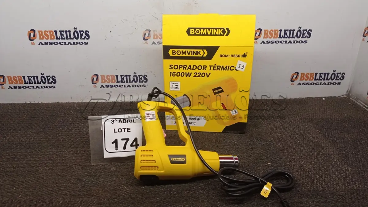 LOTE 174 - 01 SOPRADOR TÉRMICO 1600W 220V MODELO BOM-9560 MARCA BOMVINK. (NO ESTADO) ATENÇÃO! FAZER A VISITAÇÃO ANTES DE ARREMATAR, NÃO SABEMOS SE FUNCIONA, LEILÃO NÃO TEM GARANTIA E NEM DEVOLUÇÃO, SUJEITO A POSSÍVEIS AVARIAS VISÍVEIS/OCULTAS E/OU AUSÊNCIA DE COMPONENTES.