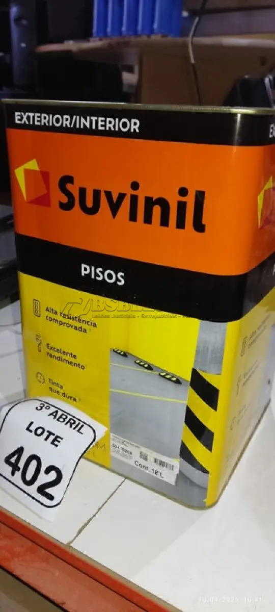 LOTE 402 - 01 LATA DE TINTA PARA PISO EXTERIROR/INTERIOR 18L NA COR FOSCO CINZA ESCURO MARCA SUVINIL. (NO ESTADO) ATENÇÃO! FAZER A VISITAÇÃO ANTES DE ARREMATAR, NÃO SABEMOS SE FUNCIONA, LEILÃO NÃO TEM GARANTIA E NEM DEVOLUÇÃO, SUJEITO A POSSÍVEIS AVARIAS VISÍVEIS/OCULTAS E/OU AUSÊNCIA DE COMPONENTES.