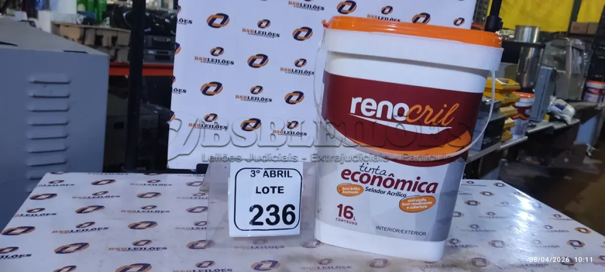 LOTE 236 - 01 BALDE DE TINTA 16L MARCA RENOCRIL. (NO ESTADO) ATENÇÃO! FAZER A VISITAÇÃO ANTES DE ARREMATAR, NÃO SABEMOS SE FUNCIONA, LEILÃO NÃO TEM GARANTIA E NEM DEVOLUÇÃO, SUJEITO A POSSÍVEIS AVARIAS VISÍVEIS/OCULTAS E/OU AUSÊNCIA DE COMPONENTES.