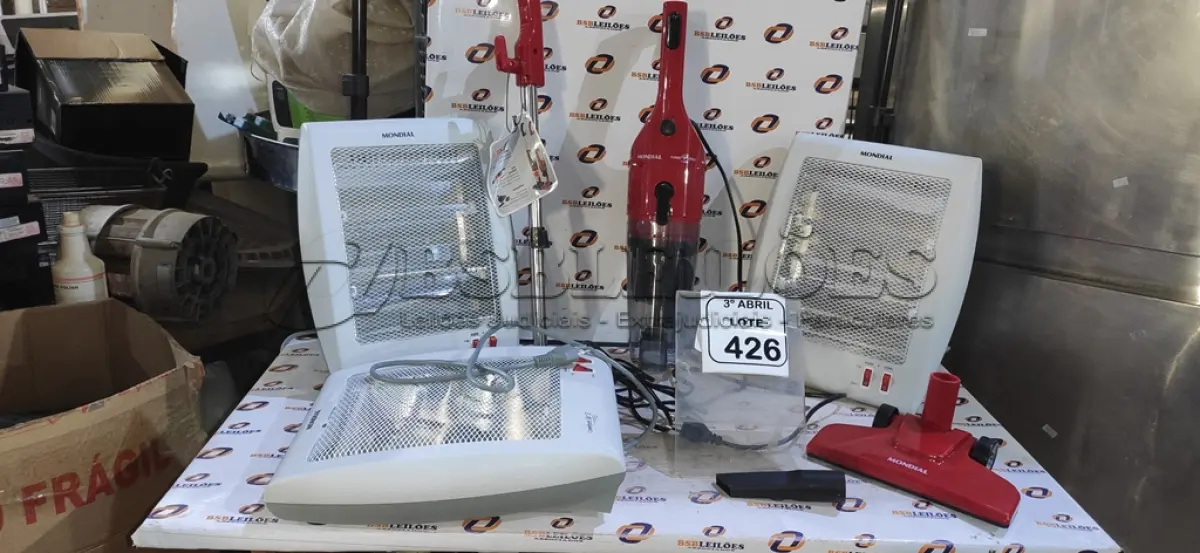 LOTE 426 - 03 AQUECEDORES MARCA MONDIAL E 01 ASPIRADOR DE PO MARCA MONDIAL. (NO ESTADO) ATENÇÃO! FAZER A VISITAÇÃO ANTES DE ARREMATAR, NÃO SABEMOS SE FUNCIONA, LEILÃO NÃO TEM GARANTIA E NEM DEVOLUÇÃO, SUJEITO A POSSÍVEIS AVARIAS VISÍVEIS/OCULTAS E/OU AUSÊNCIA DE COMPONENTES.