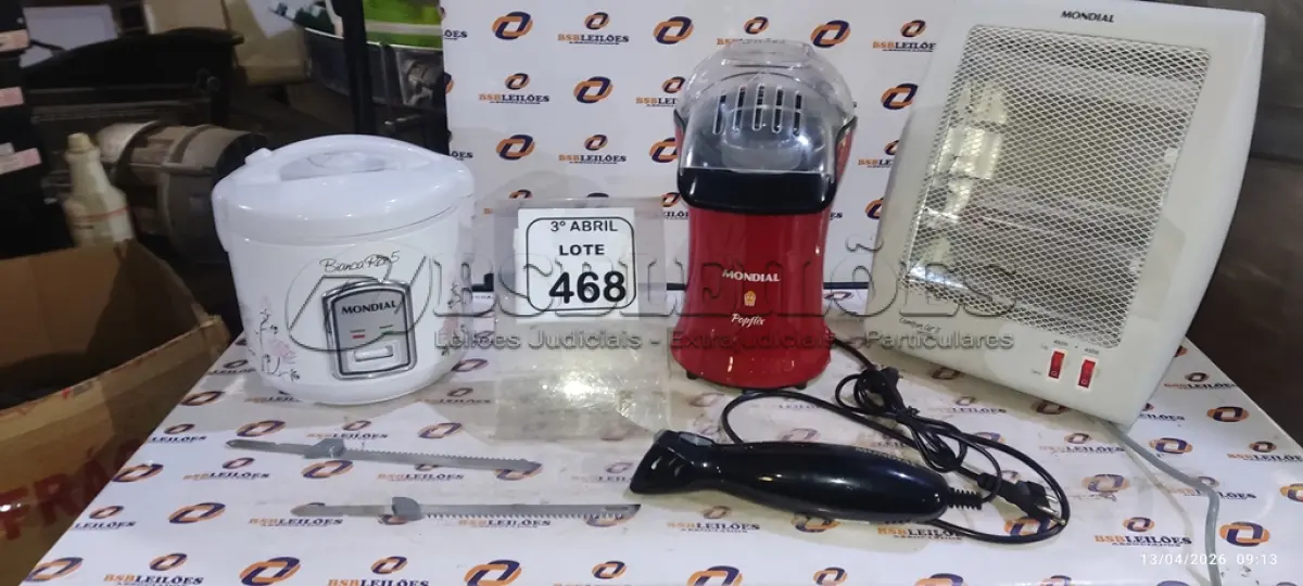 LOTE 468 - 01 PIPOQUEIRA MARCA MONDIAL 01 PANELA ELÉTRICA E 01 AQUECEDOR MARCA MONDIAL. (NO ESTADO) ATENÇÃO! FAZER A VISITAÇÃO ANTES DE ARREMATAR, NÃO SABEMOS SE FUNCIONA, LEILÃO NÃO TEM GARANTIA E NEM DEVOLUÇÃO, SUJEITO A POSSÍVEIS AVARIAS VISÍVEIS/OCULTAS E/OU AUSÊNCIA DE COMPONENTES.