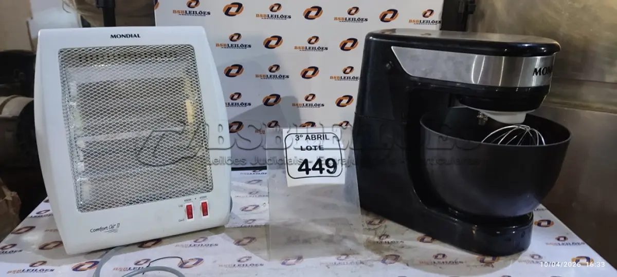 LOTE 449 - 01 BATEDEIRA MARCA MONDIAL E 01 AQUECEDOR MARCA MONDIAL. (NO ESTADO) ATENÇÃO! FAZER A VISITAÇÃO ANTES DE ARREMATAR, NÃO SABEMOS SE FUNCIONA, LEILÃO NÃO TEM GARANTIA E NEM DEVOLUÇÃO, SUJEITO A POSSÍVEIS AVARIAS VISÍVEIS/OCULTAS E/OU AUSÊNCIA DE COMPONENTES.