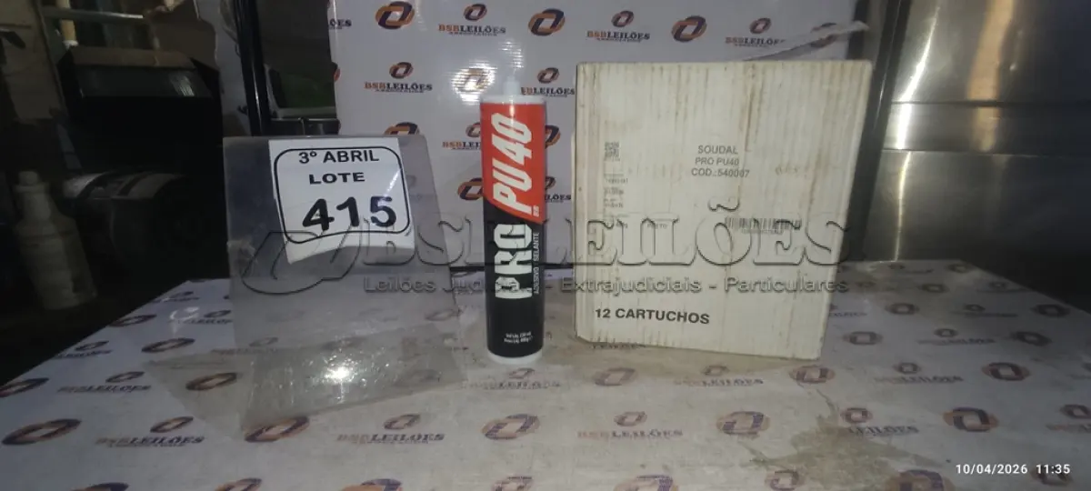 LOTE 415 - 01 CAIXA COM 12 PU 40 ADESIVO/SELANTES DE 230ML MARCA PRO. (NO ESTADO) ATENÇÃO! FAZER A VISITAÇÃO ANTES DE ARREMATAR, NÃO SABEMOS SE FUNCIONA, LEILÃO NÃO TEM GARANTIA E NEM DEVOLUÇÃO, SUJEITO A POSSÍVEIS AVARIAS VISÍVEIS/OCULTAS E/OU AUSÊNCIA DE COMPONENTES.