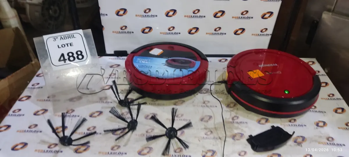 LOTE 488 - 02 ASPIRADORES DE PÓ ROBÔ MARCA MONDIAL. (NO ESTADO) ATENÇÃO! FAZER A VISITAÇÃO ANTES DE ARREMATAR, NÃO SABEMOS SE FUNCIONA, LEILÃO NÃO TEM GARANTIA E NEM DEVOLUÇÃO, SUJEITO A POSSÍVEIS AVARIAS VISÍVEIS/OCULTAS E/OU AUSÊNCIA DE COMPONENTES.