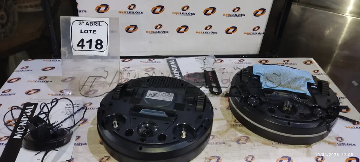 LOTE 418 - 02 ASPIRADORES DE PÓ ROBÔ MARCA MONDIAL. (NO ESTADO) ATENÇÃO! FAZER A VISITAÇÃO ANTES DE ARREMATAR, NÃO SABEMOS SE FUNCIONA, LEILÃO NÃO TEM GARANTIA E NEM DEVOLUÇÃO, SUJEITO A POSSÍVEIS AVARIAS VISÍVEIS/OCULTAS E/OU AUSÊNCIA DE COMPONENTES.