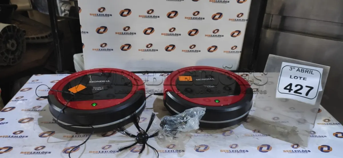 LOTE 427 - 02 ASPIRADORES ROBÔS MARCA MONDIAL. (NO ESTADO) ATENÇÃO! FAZER A VISITAÇÃO ANTES DE ARREMATAR, NÃO SABEMOS SE FUNCIONA, LEILÃO NÃO TEM GARANTIA E NEM DEVOLUÇÃO, SUJEITO A POSSÍVEIS AVARIAS VISÍVEIS/OCULTAS E/OU AUSÊNCIA DE COMPONENTES.