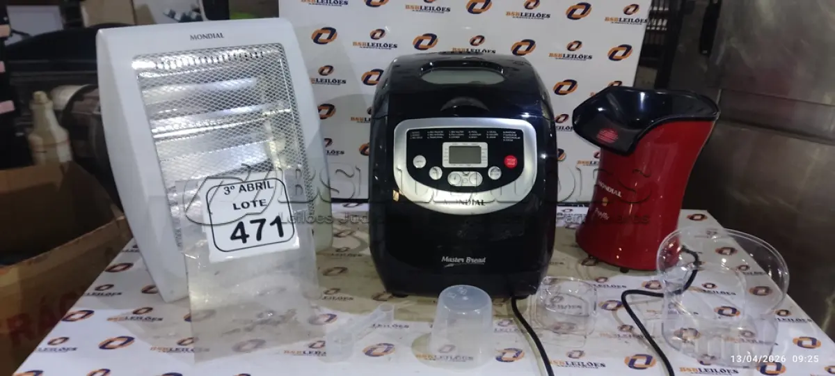 LOTE 471 - 01 MÁQUINA DE FAZER PÃO MARCA MONDIAL, 01 PIPOQUEIRA MARCA MONDIAL E 01 AQUECEDOR MARCA MONDIAL. (NO ESTADO) ATENÇÃO! FAZER A VISITAÇÃO ANTES DE ARREMATAR, NÃO SABEMOS SE FUNCIONA, LEILÃO NÃO TEM GARANTIA E NEM DEVOLUÇÃO, SUJEITO A POSSÍVEIS AVARIAS VISÍVEIS/OCULTAS E/OU AUSÊNCIA DE COMPONENTES.