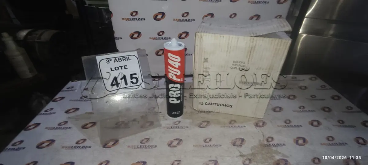 LOTE 415 - 01 CAIXA COM 12 PU 40 ADESIVO/SELANTES DE 230ML MARCA PRO. (NO ESTADO) ATENÇÃO! FAZER A VISITAÇÃO ANTES DE ARREMATAR, NÃO SABEMOS SE FUNCIONA, LEILÃO NÃO TEM GARANTIA E NEM DEVOLUÇÃO, SUJEITO A POSSÍVEIS AVARIAS VISÍVEIS/OCULTAS E/OU AUSÊNCIA DE COMPONENTES.