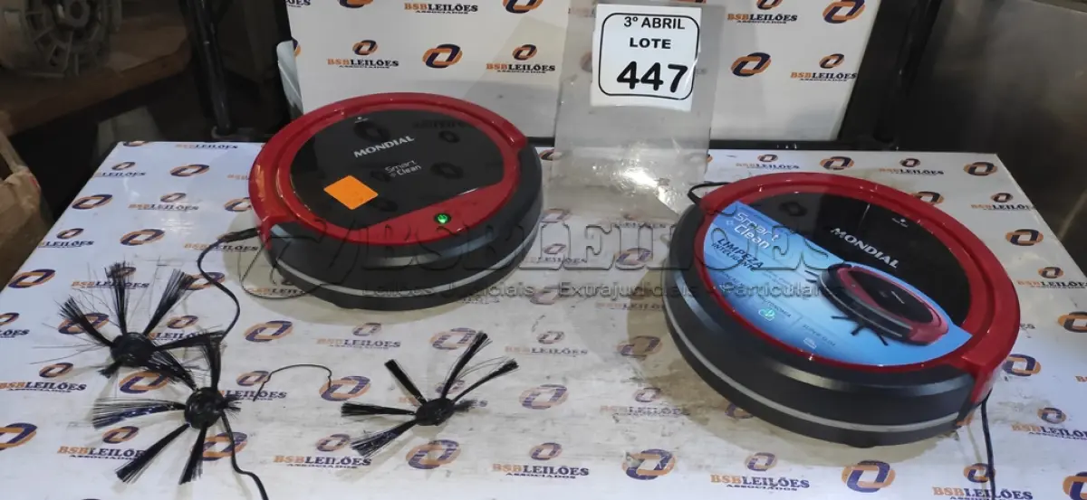 LOTE 447 - 02 ASPIRADORES ROBÔS MARCA MONDIAL. (NO ESTADO) ATENÇÃO! FAZER A VISITAÇÃO ANTES DE ARREMATAR, NÃO SABEMOS SE FUNCIONA, LEILÃO NÃO TEM GARANTIA E NEM DEVOLUÇÃO, SUJEITO A POSSÍVEIS AVARIAS VISÍVEIS/OCULTAS E/OU AUSÊNCIA DE COMPONENTES.