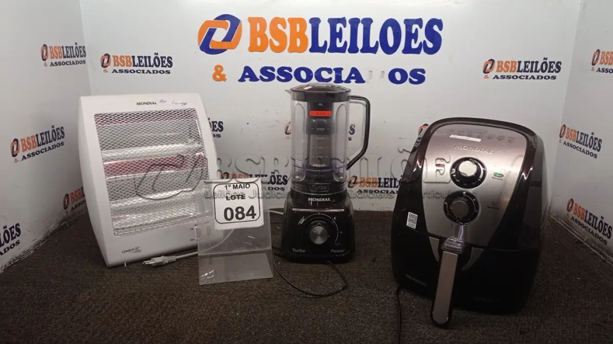 LOTE 084 - 01 AIR FRYER, 01 AQUECEDOR E 01 LIQUIDIFICADOR MARCA MONDIAL. (NO ESTADO) ATENÇÃO! FAZER A VISITAÇÃO ANTES DE ARREMATAR, NÃO SABEMOS SE FUNCIONA, LEILÃO NÃO TEM GARANTIA E NEM DEVOLUÇÃO, SUJEITO A POSSÍVEIS AVARIAS VISÍVEIS/OCULTAS E/OU AUSÊNCIA DE COMPONENTES.