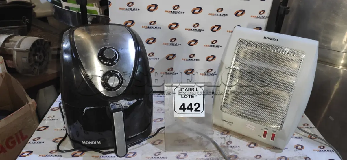 LOTE 442 - 01 AQUECEDOR MARCA MONDIAL E 01 AIR FRAYER MARCA MONDIAL. (NO ESTADO) ATENÇÃO! FAZER A VISITAÇÃO ANTES DE ARREMATAR, NÃO SABEMOS SE FUNCIONA, LEILÃO NÃO TEM GARANTIA E NEM DEVOLUÇÃO, SUJEITO A POSSÍVEIS AVARIAS VISÍVEIS/OCULTAS E/OU AUSÊNCIA DE COMPONENTES.