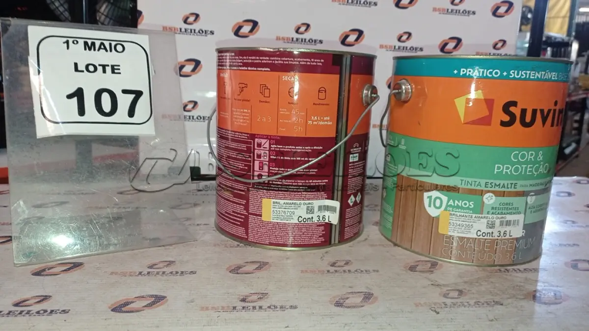 LOTE 107 - 02 LATAS DE TINTA ESMALTE PARA MADEIRAS E METAIS DE 3,6L NA COR BRILHANTE AMARELO OURO MARCA SUVINIL. (NO ESTADO) ATENÇÃO! FAZER A VISITAÇÃO ANTES DE ARREMATAR, NÃO SABEMOS SE FUNCIONA, LEILÃO NÃO TEM GARANTIA E NEM DEVOLUÇÃO, SUJEITO A POSSÍVEIS AVARIAS VISÍVEIS/OCULTAS E/OU AUSÊNCIA DE COMPONENTES.