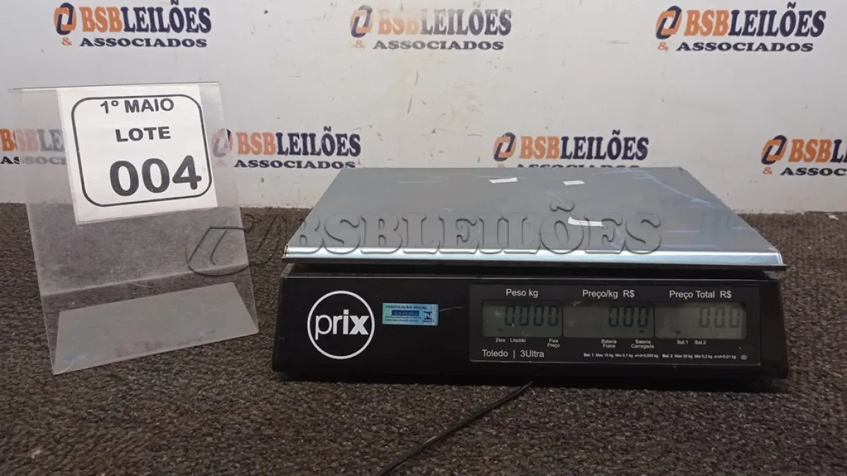 LOTE 004 - 01 BALANÇA DIGITAL MARCA PRIX. (NO ESTADO) ATENÇÃO! FAZER A VISITAÇÃO ANTES DE ARREMATAR, NÃO SABEMOS SE FUNCIONA, LEILÃO NÃO TEM GARANTIA E NEM DEVOLUÇÃO, SUJEITO A POSSÍVEIS AVARIAS VISÍVEIS/OCULTAS E/OU AUSÊNCIA DE COMPONENTES.