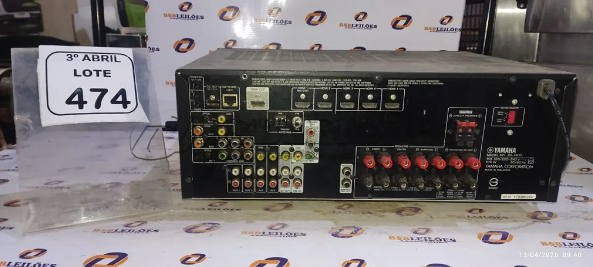 LOTE 474 - 01 RECEIVER MODELO RX-V675 MARCA YAMAHA. (NO ESTADO) ATENÇÃO! FAZER A VISITAÇÃO ANTES DE ARREMATAR, NÃO SABEMOS SE FUNCIONA, LEILÃO NÃO TEM GARANTIA E NEM DEVOLUÇÃO, SUJEITO A POSSÍVEIS AVARIAS VISÍVEIS/OCULTAS E/OU AUSÊNCIA DE COMPONENTES.