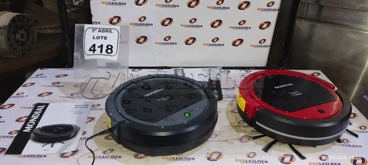 LOTE 418 - 02 ASPIRADORES DE PÓ ROBÔ MARCA MONDIAL. (NO ESTADO) ATENÇÃO! FAZER A VISITAÇÃO ANTES DE ARREMATAR, NÃO SABEMOS SE FUNCIONA, LEILÃO NÃO TEM GARANTIA E NEM DEVOLUÇÃO, SUJEITO A POSSÍVEIS AVARIAS VISÍVEIS/OCULTAS E/OU AUSÊNCIA DE COMPONENTES.