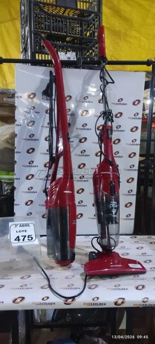 LOTE 475 - 02 ASPIRADORES DE PÓ 220V MARCA MONDIAL. (NO ESTADO) ATENÇÃO! FAZER A VISITAÇÃO ANTES DE ARREMATAR, NÃO SABEMOS SE FUNCIONA, LEILÃO NÃO TEM GARANTIA E NEM DEVOLUÇÃO, SUJEITO A POSSÍVEIS AVARIAS VISÍVEIS/OCULTAS E/OU AUSÊNCIA DE COMPONENTES.