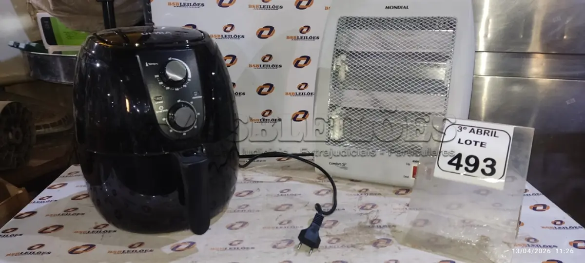 LOTE 493 - 01 AIR FRAYER E 01 AQUECEDOR MARCA MONDIAL. (NO ESTADO) ATENÇÃO! FAZER A VISITAÇÃO ANTES DE ARREMATAR, NÃO SABEMOS SE FUNCIONA, LEILÃO NÃO TEM GARANTIA E NEM DEVOLUÇÃO, SUJEITO A POSSÍVEIS AVARIAS VISÍVEIS/OCULTAS E/OU AUSÊNCIA DE COMPONENTES.
