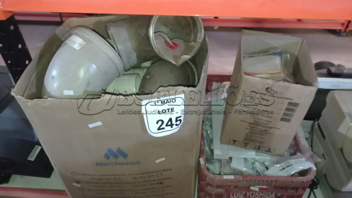 LOTE 245 - 01 CAIXA COM VÁRIAS CONEXÕES E CURVAS HIDRÁULICAS DE TAMANHOS DIVERSOS, 01 CAIXA DE DISTRIBUIÇÃO E GRANDE QUANTIDADE DE INTERRUPTORES E ESPELHOS DE TOMADAS DE MARCAS DIVERSAS. (NO ESTADO) ATENÇÃO! FAZER A VISITAÇÃO ANTES DE ARREMATAR, NÃO SABEMOS SE FUNCIONA, LEILÃO NÃO TEM GARANTIA E NEM DEVOLUÇÃO, SUJEITO A POSSÍVEIS AVARIAS VISÍVEIS/OCULTAS E/OU AUSÊNCIA DE COMPONENTES.