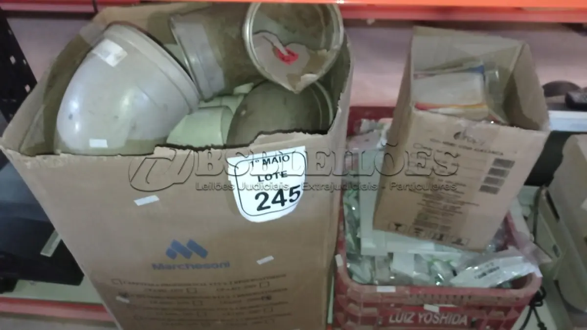 LOTE 245 - 01 CAIXA COM VÁRIAS CONEXÕES E CURVAS HIDRÁULICAS DE TAMANHOS DIVERSOS, 01 CAIXA DE DISTRIBUIÇÃO E GRANDE QUANTIDADE DE INTERRUPTORES E ESPELHOS DE TOMADAS DE MARCAS DIVERSAS. (NO ESTADO) ATENÇÃO! FAZER A VISITAÇÃO ANTES DE ARREMATAR, NÃO SABEMOS SE FUNCIONA, LEILÃO NÃO TEM GARANTIA E NEM DEVOLUÇÃO, SUJEITO A POSSÍVEIS AVARIAS VISÍVEIS/OCULTAS E/OU AUSÊNCIA DE COMPONENTES.