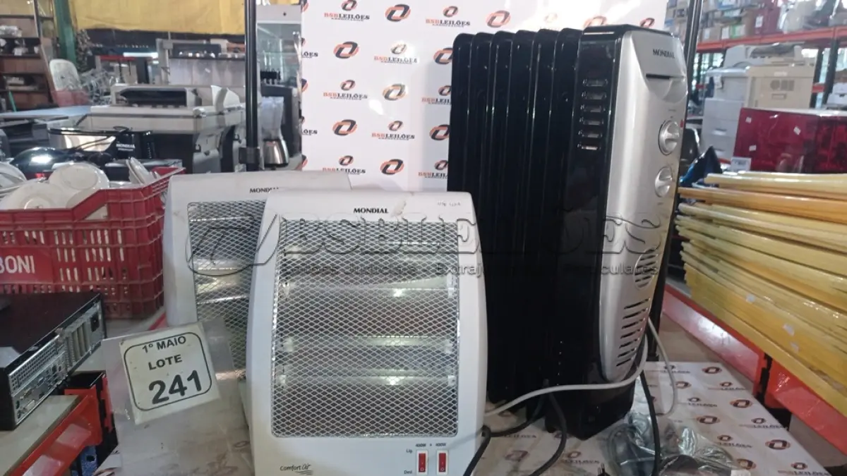 LOTE 241 - 03 AQUECEDORES DE AR MODELOS DIVERSOS MARCA MONDIAL. (NO ESTADO) ATENÇÃO! FAZER A VISITAÇÃO ANTES DE ARREMATAR, NÃO SABEMOS SE FUNCIONA, LEILÃO NÃO TEM GARANTIA E NEM DEVOLUÇÃO, SUJEITO A POSSÍVEIS AVARIAS VISÍVEIS/OCULTAS E/OU AUSÊNCIA DE COMPONENTES.