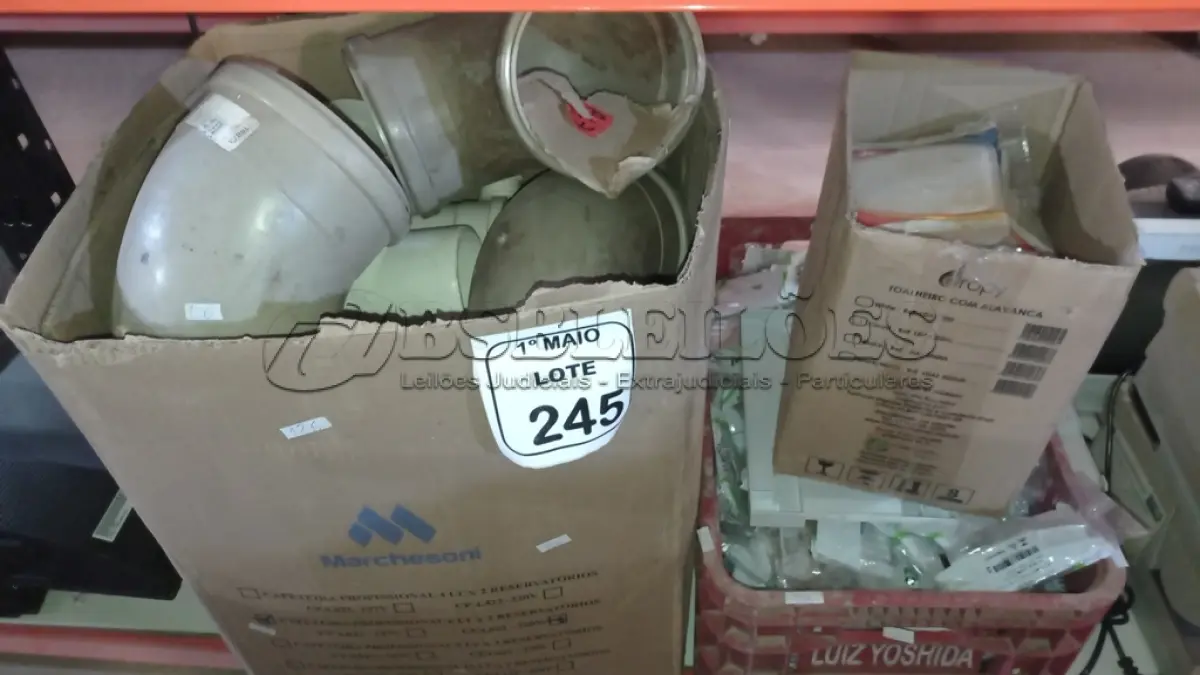 LOTE 245 - 01 CAIXA COM VÁRIAS CONEXÕES E CURVAS HIDRÁULICAS DE TAMANHOS DIVERSOS, 01 CAIXA DE DISTRIBUIÇÃO E GRANDE QUANTIDADE DE INTERRUPTORES E ESPELHOS DE TOMADAS DE MARCAS DIVERSAS. (NO ESTADO) ATENÇÃO! FAZER A VISITAÇÃO ANTES DE ARREMATAR, NÃO SABEMOS SE FUNCIONA, LEILÃO NÃO TEM GARANTIA E NEM DEVOLUÇÃO, SUJEITO A POSSÍVEIS AVARIAS VISÍVEIS/OCULTAS E/OU AUSÊNCIA DE COMPONENTES.