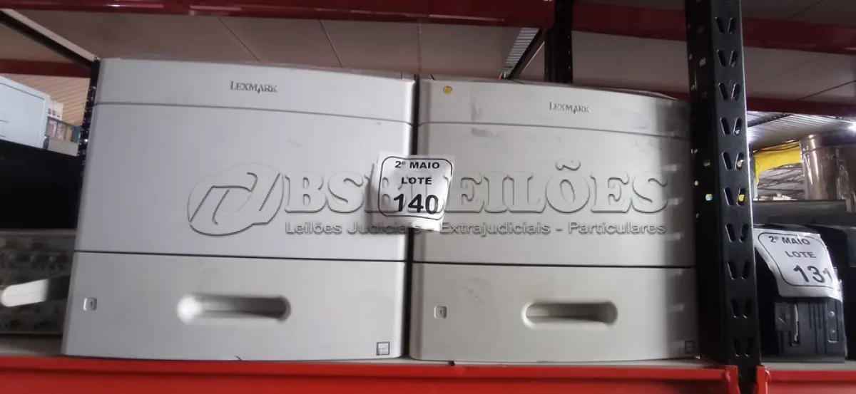 LOTE 140 - 02 IMPRESSORAS MARCA LEXMARK. (NO ESTADO) ATENÇÃO! FAZER A VISITAÇÃO ANTES DE ARREMATAR, NÃO SABEMOS SE FUNCIONA, LEILÃO NÃO TEM GARANTIA E NEM DEVOLUÇÃO, SUJEITO A POSSÍVEIS AVARIAS VISÍVEIS/OCULTAS E/OU AUSÊNCIA DE COMPONENTES.