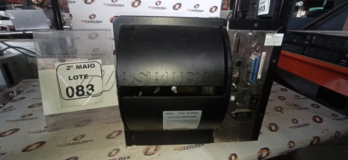 LOTE 083 - 01 IMPRESSORA DE ETIQUETA MARCA ELGIN. (NO ESTADO) ATENÇÃO! FAZER A VISITAÇÃO ANTES DE ARREMATAR, NÃO SABEMOS SE FUNCIONA, LEILÃO NÃO TEM GARANTIA E NEM DEVOLUÇÃO, SUJEITO A POSSÍVEIS AVARIAS VISÍVEIS/OCULTAS E/OU AUSÊNCIA DE COMPONENTES.