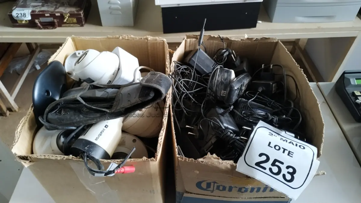 LOTE 253 - 01 CAIXA COM GRANDE QUANTIDADE DE FONTES E VÁRIAS CÂMERAS DE MONITORAMENTO DE MARCAS E MODELOS DIVERSOS. (NO ESTADO) ATENÇÃO! FAZER A VISITAÇÃO ANTES DE ARREMATAR, NÃO SABEMOS SE FUNCIONA, LEILÃO NÃO TEM GARANTIA E NEM DEVOLUÇÃO, SUJEITO A POSSÍVEIS AVARIAS VISÍVEIS/OCULTAS E/OU AUSÊNCIA DE COMPONENTES.