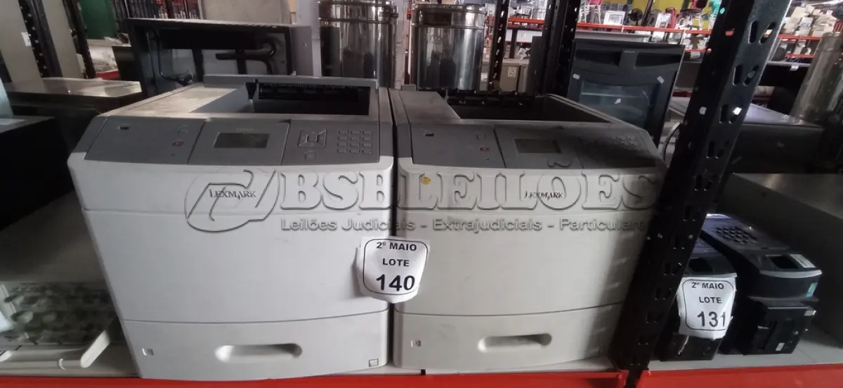 LOTE 140 - 02 IMPRESSORAS MARCA LEXMARK. (NO ESTADO) ATENÇÃO! FAZER A VISITAÇÃO ANTES DE ARREMATAR, NÃO SABEMOS SE FUNCIONA, LEILÃO NÃO TEM GARANTIA E NEM DEVOLUÇÃO, SUJEITO A POSSÍVEIS AVARIAS VISÍVEIS/OCULTAS E/OU AUSÊNCIA DE COMPONENTES.