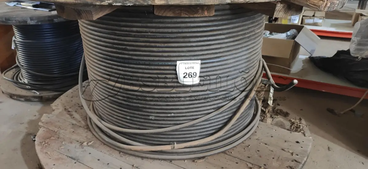 LOTE 269 - 01 CARRETEL COM 617M DE FIO 0,35MM PRETO DE ALUMÍNIO15KV BLINDADO PRETO.   (NO ESTADO) ATENÇÃO! FAZER A VISITAÇÃO ANTES DE ARREMATAR, NÃO SABEMOS SE FUNCIONA, LEILÃO NÃO TEM GARANTIA E NEM DEVOLUÇÃO, SUJEITO A POSSÍVEIS AVARIAS VISÍVEIS/OCULTAS E/OU 