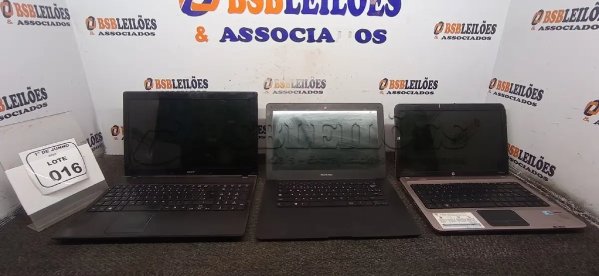 LOTE 016 - 03 NOTEBOOKS DE MARCAS E MODELOS DIVERSOS. (NO ESTADO) ATENÇÃO! FAZER A VISITAÇÃO ANTES DE ARREMATAR, NÃO SABEMOS SE FUNCIONA, LEILÃO NÃO TEM GARANTIA E NEM DEVOLUÇÃO, SUJEITO A POSSÍVEIS AVARIAS VISÍVEIS/OCULTAS E/OU AUSÊNCIA DE COMPONENTES.