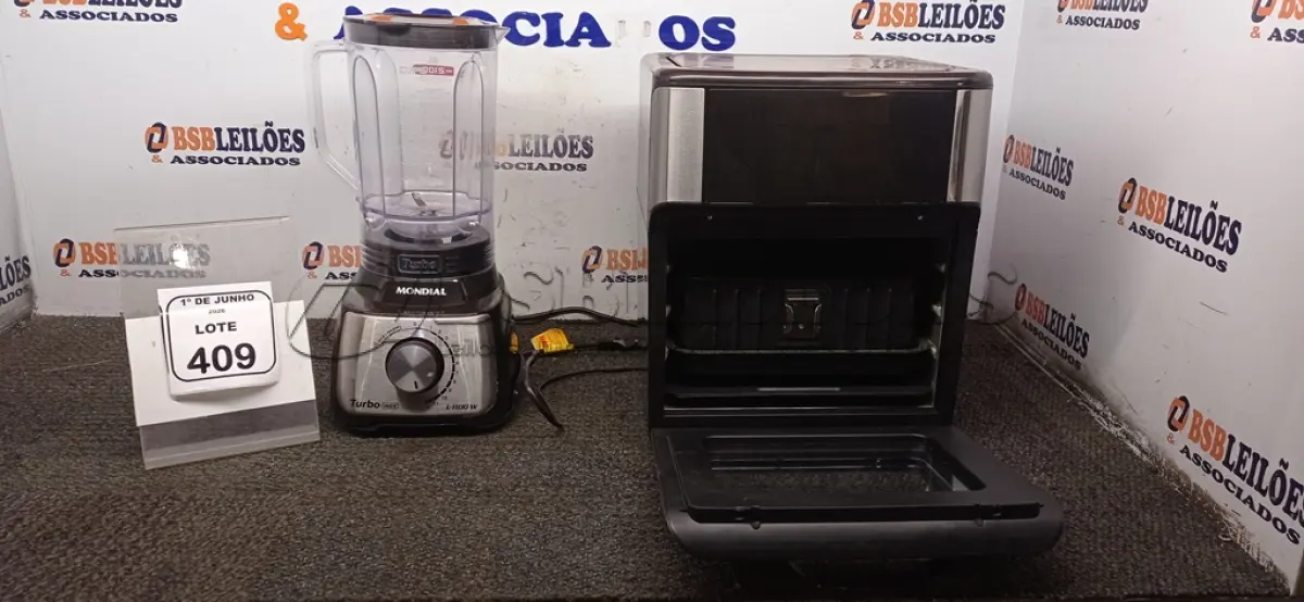 LOTE 409 - 01 AIR FRYER/FORNO 12L 220V MARCA MONDIAL E 01 LIQUIDIFICADOR 220V MARCA MONDIAL. (NO ESTADO) ATENÇÃO! FAZER A VISITAÇÃO ANTES DE ARREMATAR, NÃO SABEMOS SE FUNCIONA, LEILÃO NÃO TEM GARANTIA E NEM DEVOLUÇÃO, SUJEITO A POSSÍVEIS AVARIAS VISÍVEIS/OCULTAS E/OU AUSÊNCIA DE COMPONENTES.