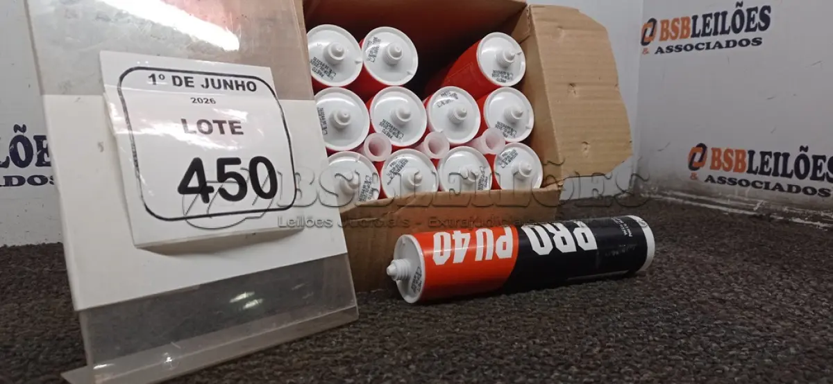 LOTE 450 - 01 CAIXA COM 12 PU 40 ADESIVOS/SELANTES DE 230ML MARCA PRO. (NO ESTADO) ATENÇÃO! FAZER A VISITAÇÃO ANTES DE ARREMATAR, NÃO SABEMOS SE FUNCIONA, LEILÃO NÃO TEM GARANTIA E NEM DEVOLUÇÃO, SUJEITO A POSSÍVEIS AVARIAS VISÍVEIS/OCULTAS E/OU AUSÊNCIA DE COMPONENTES.