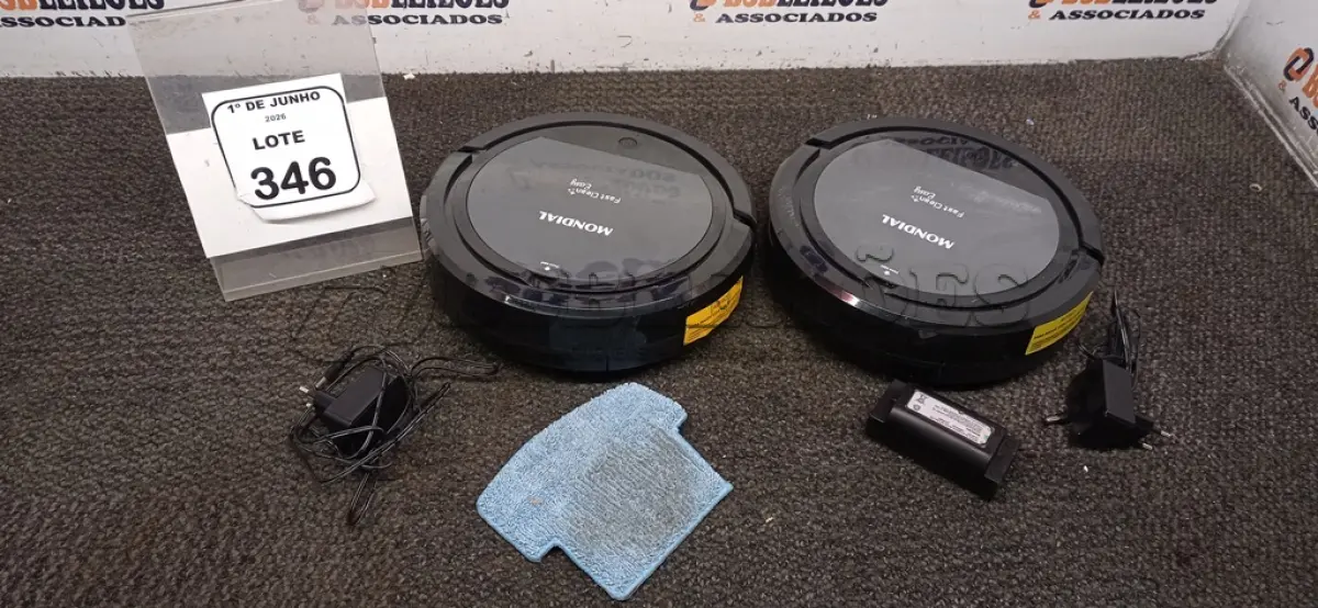 LOTE 346 - 02 ASPIRADORES ROBÔ MARCA MONDIAL. (NO ESTADO) ATENÇÃO! FAZER A VISITAÇÃO ANTES DE ARREMATAR, NÃO SABEMOS SE FUNCIONA, LEILÃO NÃO TEM GARANTIA E NEM DEVOLUÇÃO, SUJEITO A POSSÍVEIS AVARIAS VISÍVEIS/OCULTAS E/OU AUSÊNCIA DE COMPONENTES.