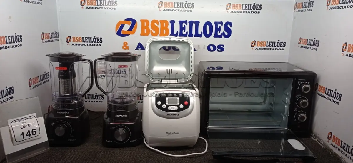LOTE 146 - 01 FORNO 220V 42L MARCA MONDIAL, 01 PANIFICADORA MODELO MASTER BREAD MARCA MONDIAL E 02 LIQUIDIFICADORES 220V MARCA MONDIAL. (NO ESTADO) ATENÇÃO! FAZER A VISITAÇÃO ANTES DE ARREMATAR, NÃO SABEMOS SE FUNCIONA, LEILÃO NÃO TEM GARANTIA E NEM DEVOLUÇÃO, SUJEITO A POSSÍVEIS AVARIAS VISÍVEIS/OCULTAS E/OU AUSÊNCIA DE COMPONENTES.