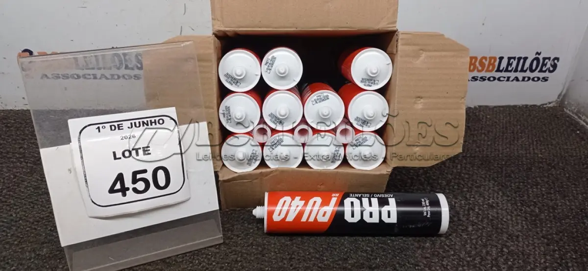 LOTE 450 - 01 CAIXA COM 12 PU 40 ADESIVOS/SELANTES DE 230ML MARCA PRO. (NO ESTADO) ATENÇÃO! FAZER A VISITAÇÃO ANTES DE ARREMATAR, NÃO SABEMOS SE FUNCIONA, LEILÃO NÃO TEM GARANTIA E NEM DEVOLUÇÃO, SUJEITO A POSSÍVEIS AVARIAS VISÍVEIS/OCULTAS E/OU AUSÊNCIA DE COMPONENTES.