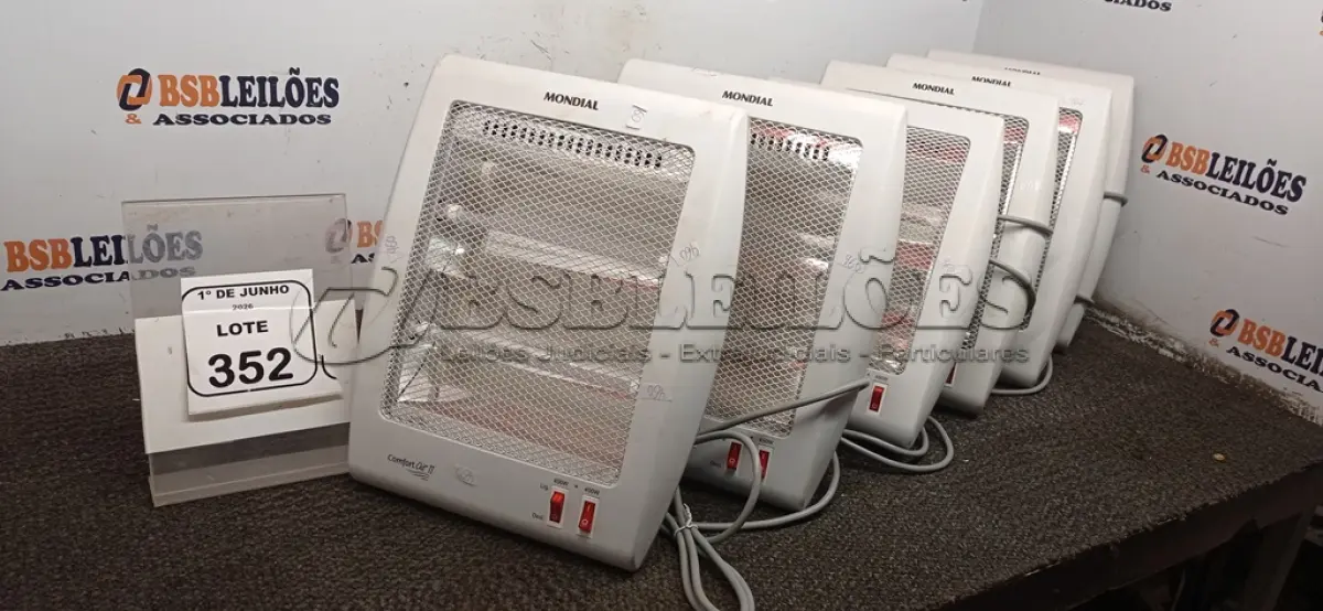 LOTE 352 - 06 AQUECEDORES 220V MARCA MONDIAL. (NO ESTADO) ATENÇÃO! FAZER A VISITAÇÃO ANTES DE ARREMATAR, NÃO SABEMOS SE FUNCIONA, LEILÃO NÃO TEM GARANTIA E NEM DEVOLUÇÃO, SUJEITO A POSSÍVEIS AVARIAS VISÍVEIS/OCULTAS E/OU AUSÊNCIA DE COMPONENTES.