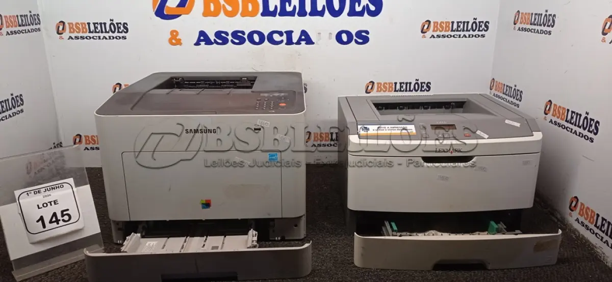LOTE 145 - 02 IMPRESSORAS MARCAS SAMSUNG E LEXMARK. (NO ESTADO) ATENÇÃO! FAZER A VISITAÇÃO ANTES DE ARREMATAR, NÃO SABEMOS SE FUNCIONA, LEILÃO NÃO TEM GARANTIA E NEM DEVOLUÇÃO, SUJEITO A POSSÍVEIS AVARIAS VISÍVEIS/OCULTAS E/OU AUSÊNCIA DE COMPONENTES.